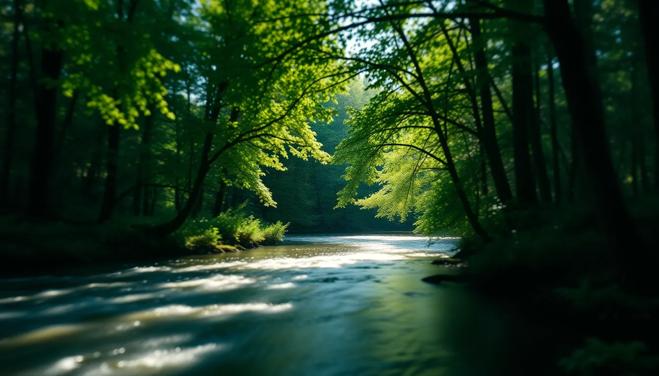 Forest River Bathed in Dappled Light This captivating image showcases a river winding through a dense forest, illuminated by dappled sunlight filtering through the leaves. The vibrant colors evoke a sense of adventure and tranquility, with rich greens and deep blues dominating the scene. The sharp details throughout reveal the textures of the riverbank and the surrounding foliage, creating an immersive experience. The composition emphasizes the winding flow of the river, inviting viewers to explore its hidden beauty.