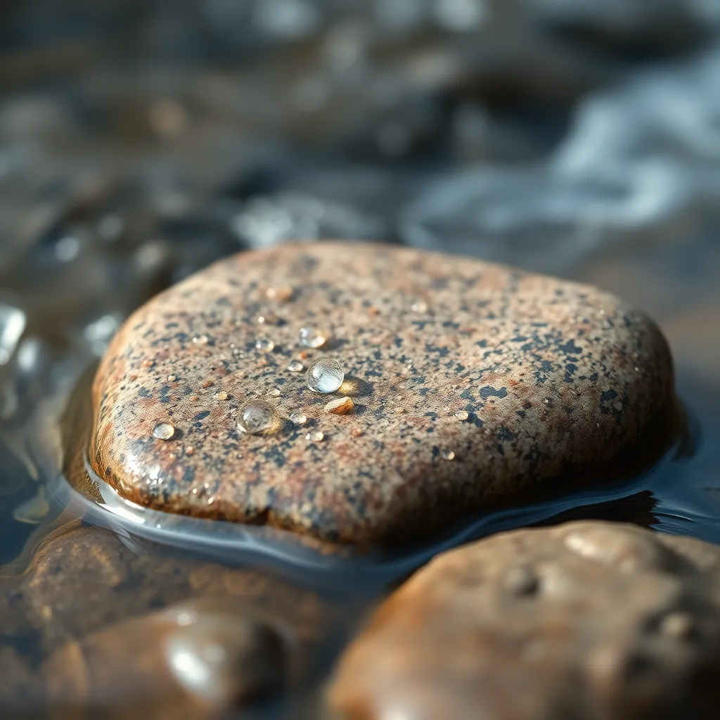 This detailed image presents a close-up view of a beautiful river stone, glistening with water droplets and set against the gentle flow of a river. The rich textures and intricate patterns of the stone's surface are highlighted, while the softly blurred river water creates a serene backdrop. Natural muted colors enhance the organic feel of the scene. The off-center composition captures attention, inviting viewers to appreciate the beauty within nature's details.