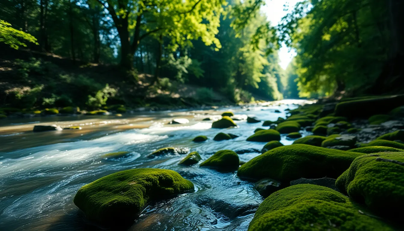 In this vivid landscape, a crystal-clear river flows gracefully over moss-covered rocks, creating a tranquil scene in nature. Dappled sunlight breaks through the tree canopy, enhancing the deep greens and blues of the environment. The composition follows the rule of thirds, drawing the viewer's gaze to the rocks while highlighting the serene water movement. This image beautifully captures the richness of a forested riverscape.