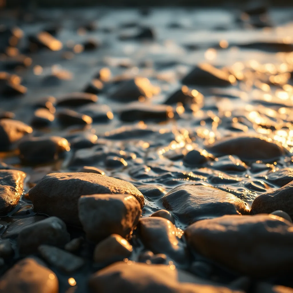 This macro image highlights the stunning details of smooth river stones, illuminated by the warm glow of golden hour sunlight. The natural textures of the stones contrast beautifully with the dynamic movement of the flowing river in the background. With a soft focus on the water, the image evokes a sense of calm and appreciation for nature's artistry. The earthy tones and delicate interplay of light invite viewers to explore the tranquil scene.