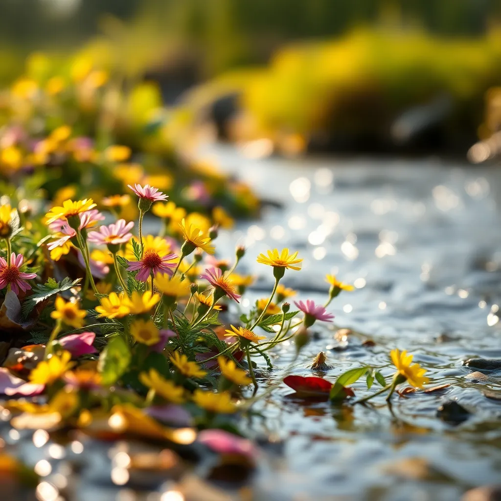 This stunning close-up captures a tranquil riverbank adorned with vibrant wildflowers in full bloom. Bathed in soft morning light, the flowers stand out against the gently rippling water, showcasing their delicate textures and brilliant colors. The selective focus creates a dreamy atmosphere, enhancing the beauty of the scene. This image evokes a sense of peace and appreciation for nature's intricate details.