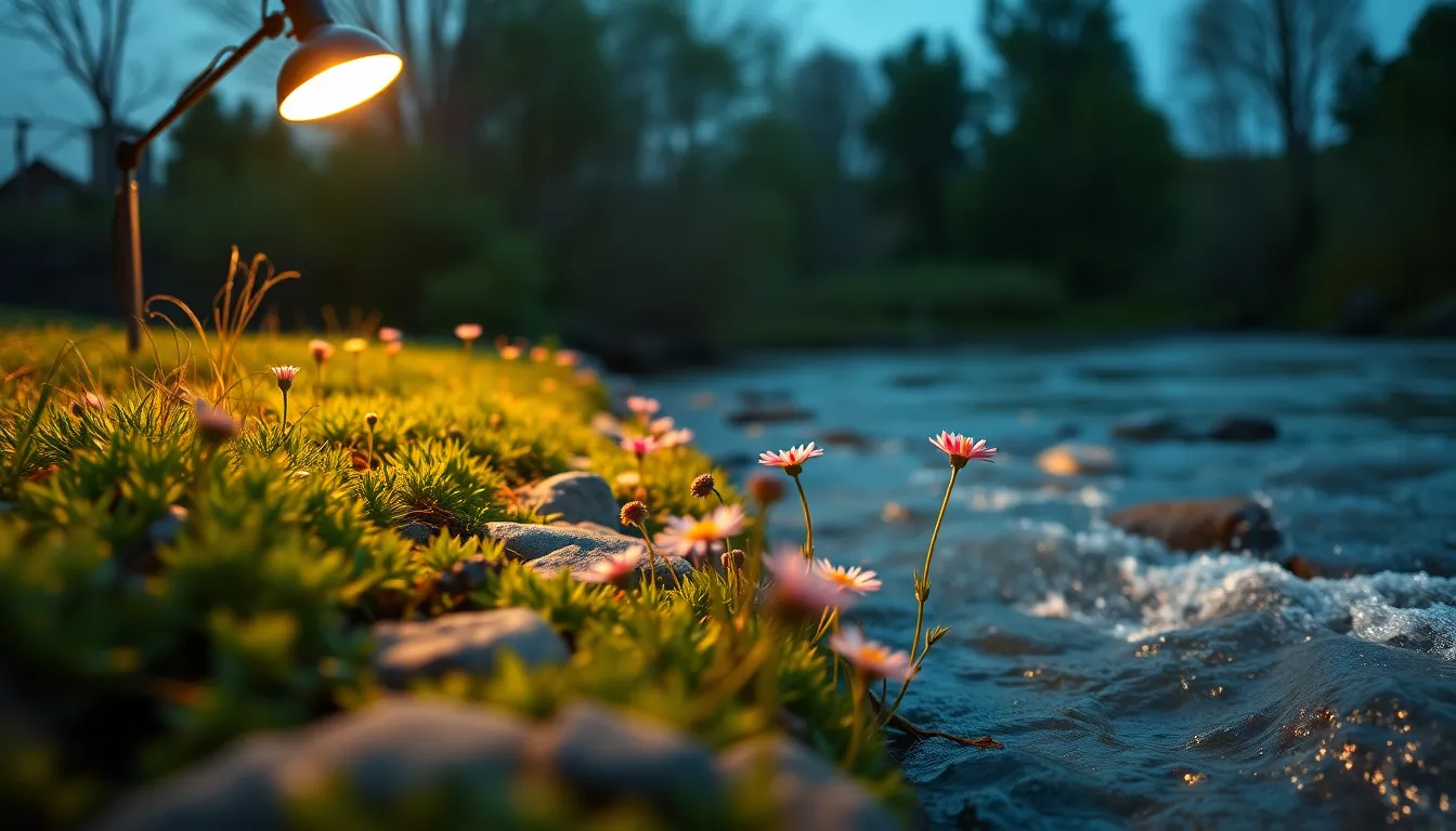 This captivating image features vibrant wildflowers blooming along a riverbank, beautifully illuminated by warm tungsten light. The shallow depth of field emphasizes the delicate petals, creating a soft contrast against the flowing water. The Dutch angle adds dynamic tension, suggesting movement in the scene. Natural muted tones enhance the organic feel, celebrating the delicate beauty of nature at the river's edge.