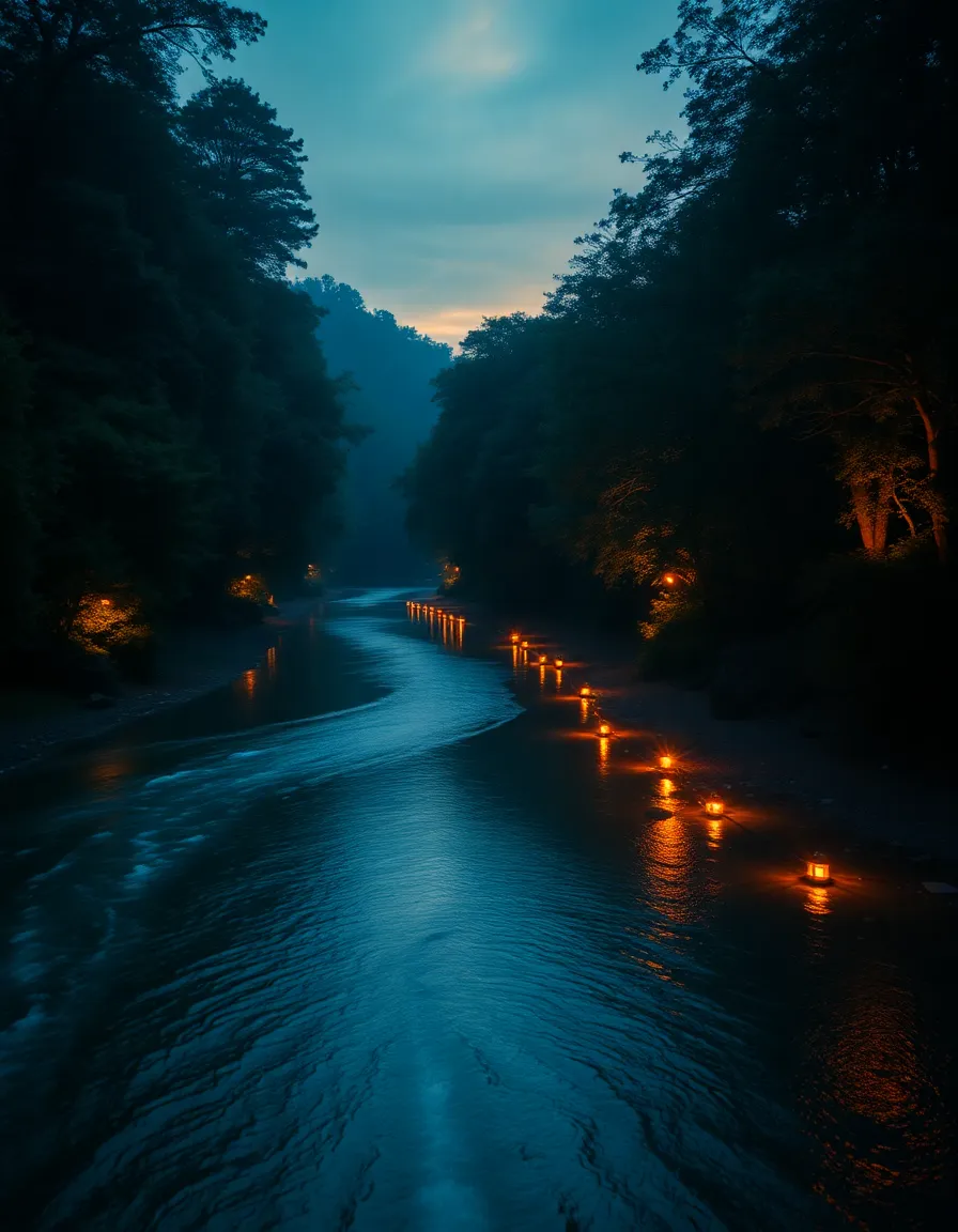 This mesmerizing image depicts a river weaving through a dense forest at twilight, illuminated by the warm glow of lanterns along the bank. The deep blues of the twilight sky reflect off the tranquil water, while the amber tones of the lantern light create an enchanting atmosphere. A shallow depth of field produces a dreamy effect, drawing attention to the river's gentle curves and shimmering reflections, inviting viewers to bask in the beauty of dusk.