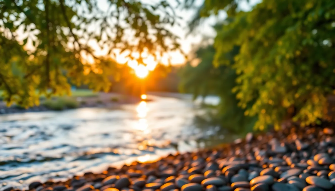 This stunning image captures a winding river at sunset, where warm golden light filters through the leaves of overhanging trees. The tranquil waters reflect the vibrant oranges and soft blues of the fading day, enhancing the serene atmosphere. A selective focus draws attention to the smooth pebbles lining the riverbed, while the depth of field creates a soft blur of the lush greenery surrounding the scene.