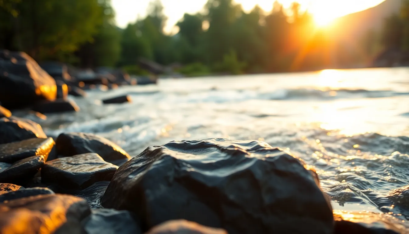 This evocative image captures a serene river flowing gently during golden hour. The warm colors and backlighting create a magical atmosphere as the water glistens against the rocks. Lush green trees frame the river, enhancing the tranquil mood. The leading lines of the river draw the viewer's eye toward the beautifully lit horizon, inviting them to explore the scene further. The photograph is rich in texture, offering a tactile experience of nature's beauty.
