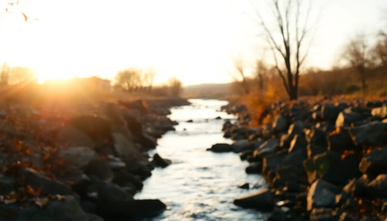 A mesmerizing river flows between rocky banks adorned with scattered autumn leaves, illuminated by warm backlighting during the golden hour. The shallow depth of field brings a soft focus to the background, accentuating the river's gentle curves. The warm color palette and textures create a nostalgic mood, inviting viewers to feel the tranquility of this autumn scene. The centered composition draws the eye along the river's path.