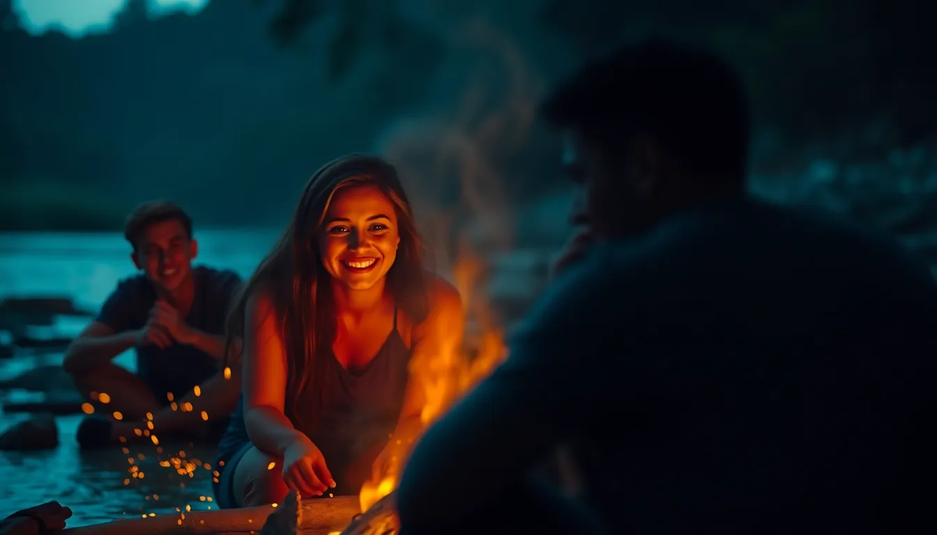 This dynamic scene captures a group of friends gathered around a cozy campfire by the river. The flickering firelight casts warm shadows on their faces, creating an inviting atmosphere. The cinematic teal and orange color grading adds depth and drama to the composition, while the Dutch angle adds a sense of energy to the moment. The glimmering water reflects the dancing flames, enhancing the warmth and intimacy of the gathering.
