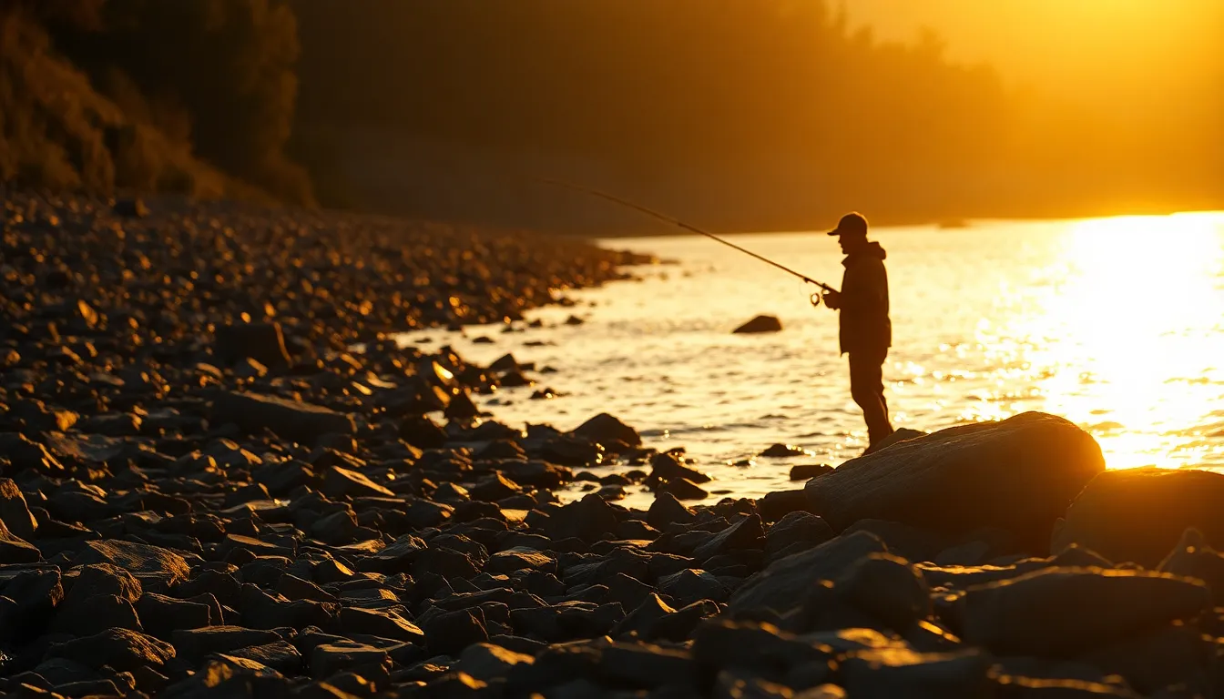In this captivating scene, a lone fisherman is caught in silhouette as he fishes at the riverbank during golden hour. The warm light creates a beautiful atmosphere, enhancing the shimmering surface of the water. Textured rocks form a rugged shore, reflecting the golden hues of the sunset. The shallow depth of field draws focus to the fisherman while softly blurring the breathtaking river scenery behind him.