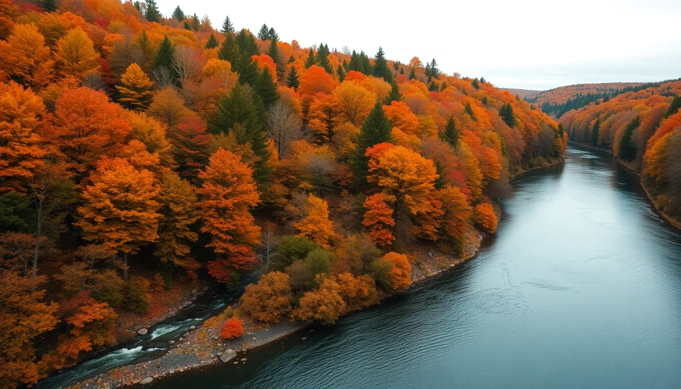 This stunning capture depicts a winding river flowing through a captivating autumn forest, showcasing a vibrant palette of fall colors. The overcast sky diffuses natural light, enhancing the rich tones of the leaves and the soft ripples of the water. Leading lines created by the riverbanks draw the viewer into the scene, invoking a sense of tranquility and connection to nature. The sharp details highlight the textures of the foliage and surface of the river.