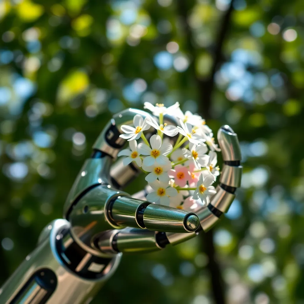 This captivating close-up image features a robotic hand delicately grasping a bouquet of vibrant flowers, symbolizing the harmony between technology and nature. The hand's smooth metallic texture contrasts beautifully with the soft petals, aided by dappled sunlight that creates lovely bokeh effects. The vibrant colors of the flowers and the greens in the background enhance the image's serene and poignant mood, emphasizing the potential for robotics to connect with the world around us.