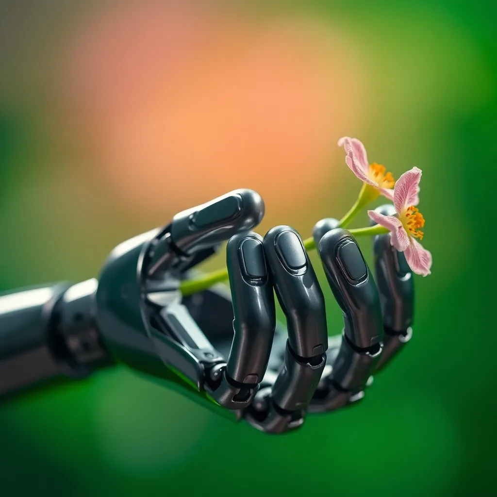 Robotic Hand Holding a Fragile Flower