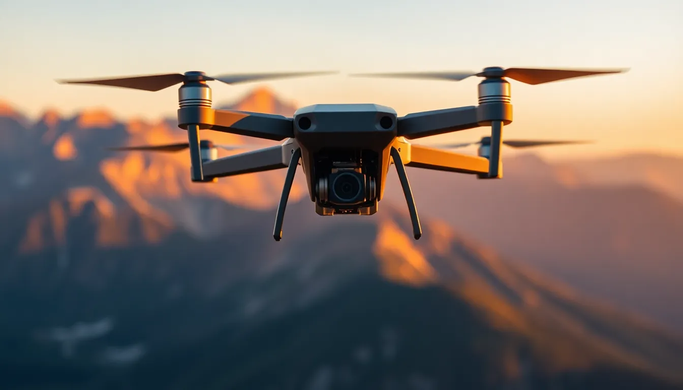Drone Over Mountain Landscape at Sunrise