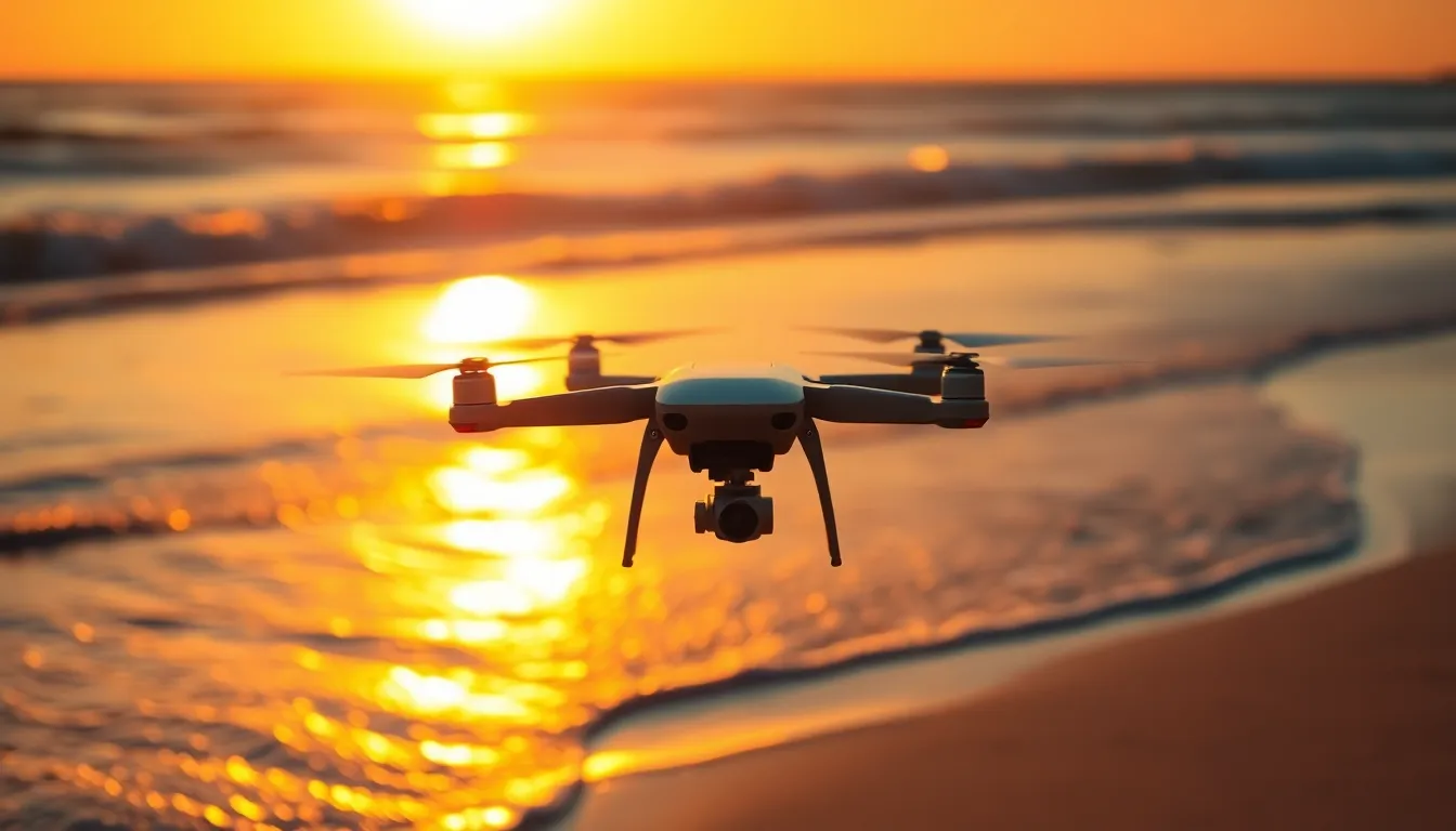 This breathtaking image features a drone soaring over a pristine beach, illuminated by the warm hues of a stunning sunset. The golden light reflects off the gentle waves, enhancing the tranquil yet vibrant atmosphere of the coastal scene. The shallow depth of field isolates the drone against a beautifully blurred background, capturing the dynamic essence of modern technology in a natural setting. This image exemplifies the harmonious integration of robotics and nature.