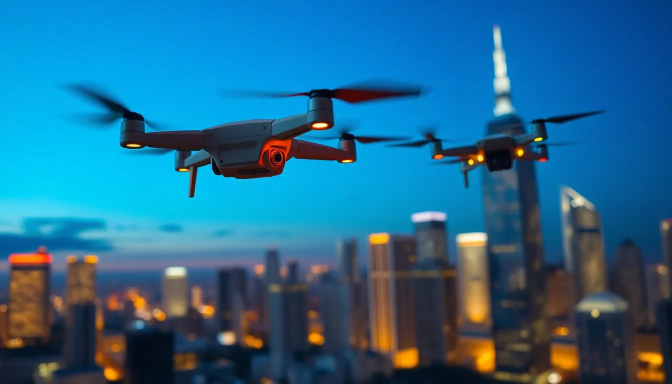 Futuristic City Skyline with Drones at Twilight