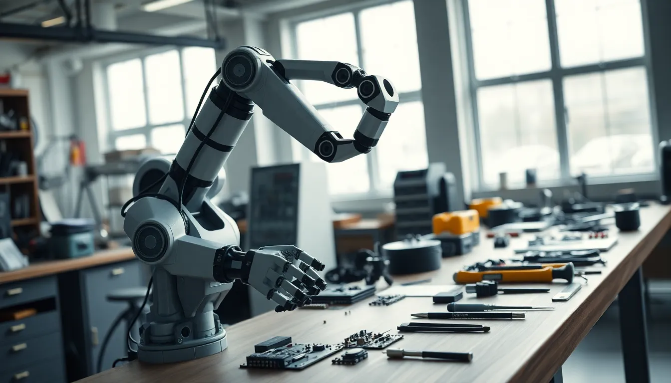 This image showcases a futuristic robotic arm at work, precisely assembling delicate electronic components. The well-lit workspace features a blend of muted grays and blues that contribute to a high-tech ambiance. Soft shadows are cast by natural light filtering through large windows, highlighting the arm's sleek design. The composition effectively draws the viewer's eye, emphasizing the intricate details of the task at hand.