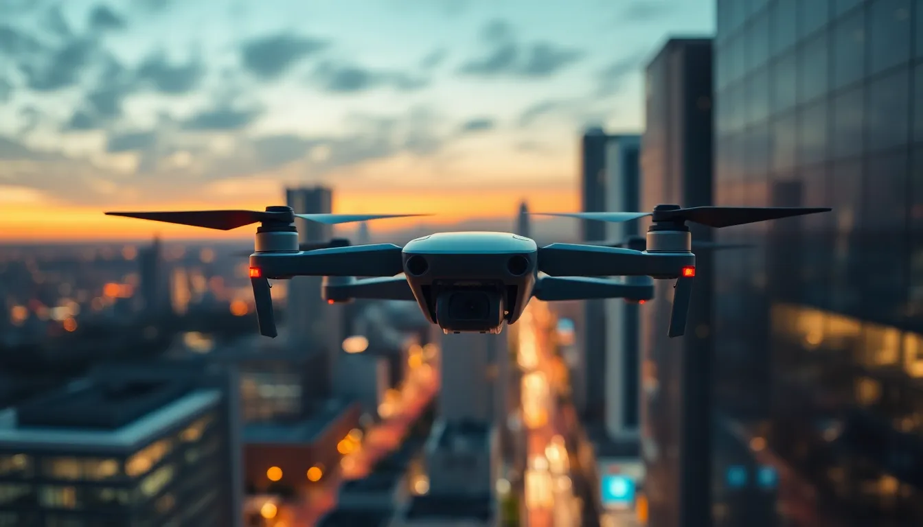 Futuristic Drone Over Urban Landscape