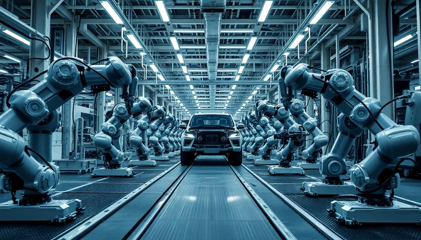 This dynamic image captures the heart of a high-tech robotic factory floor, bustling with multiple industrial robots engaged in vehicle assembly. The cool white LED lights create an ultra-modern ambiance, highlighting the clean lines and sleek surfaces of the manufacturing equipment. With everything in sharp focus, the viewer can appreciate the intricate details of each robot at work, showcasing the efficiency and precision of robotics in contemporary industry.