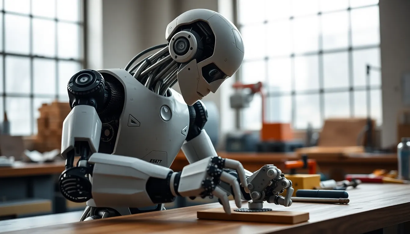 Humanoid Robot in Modern Workshop In a contemporary workshop, a humanoid robot is meticulously engaged in delicate tasks, showcasing its precision and advanced technology. The workshop is brightened by natural light streaming through expansive windows, enhancing the robot's metallic features and the rich textures of the wooden workbench. The scene captures a harmonious blend of technology and craftsmanship, inviting a sense of innovation and creativity. The overall mood is inspiring, bringing attention to the future of robotics.