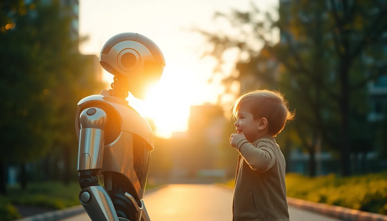 In this heartwarming scene, a humanoid robot engages with a child in a vibrant urban park as the sun sets. The interaction is illuminated by warm golden hour light that highlights both the robot's shiny exterior and the child's joyful face. The soft bokeh background enhances the focus on this delightful moment, evoking feelings of curiosity and connection. This image captures the essence of robotics seamlessly blending into everyday life.