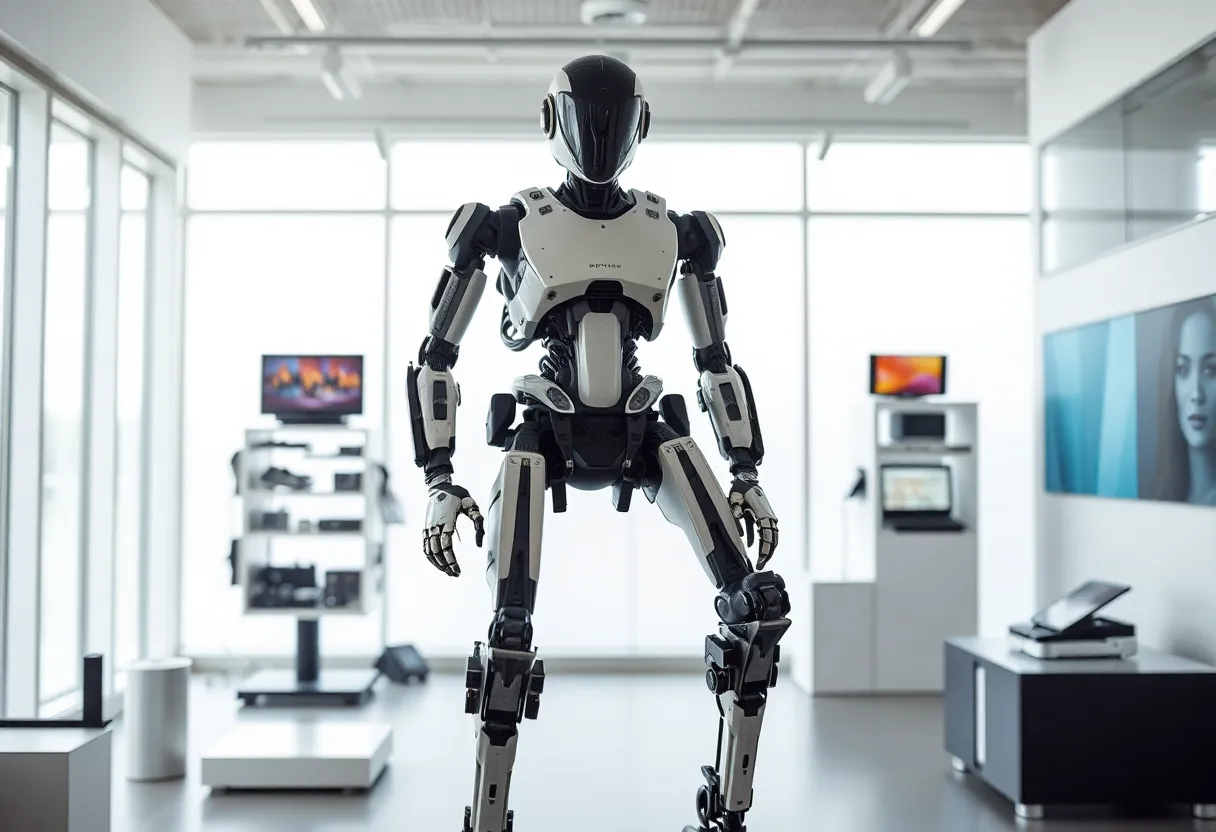 Robotic Exoskeleton Suit in Tech Showroom
