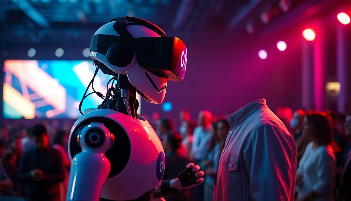 VR Robot Interaction at Tech Conference At a bustling tech conference, a cutting-edge VR robot engages interactively with an enthusiastic user. The dynamic stage lighting bathes the scene in vibrant blues and magentas, amplifying the excitement of technological advancements. The shallow depth of field focuses on the captivating interaction while elegantly blurring the background audience, creating an immersive experience. This image encapsulates the thrilling intersection of robotics and human interaction, reflecting the future of entertainment and technology.