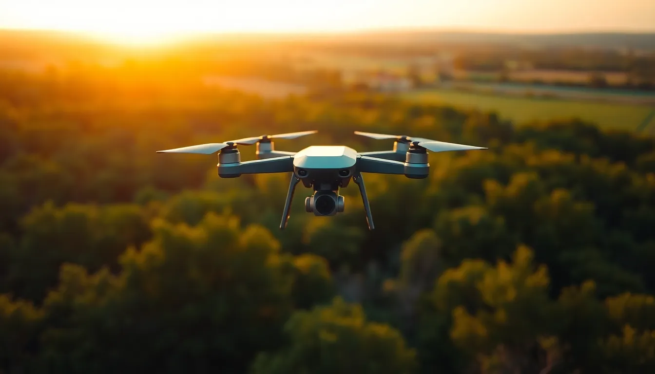 Drone Flying Over Lush Landscape at Sunset
