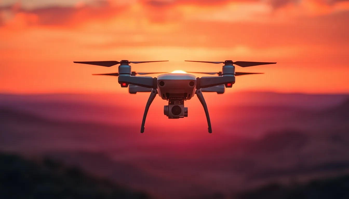 Autonomous Drone Over Sunset Landscape