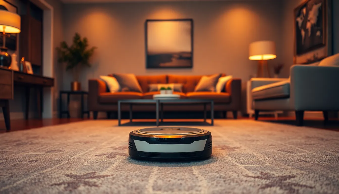 Autonomous Robot Vacuum in Cozy Living Room In a chic living room setting, an autonomous robot vacuum diligently cleans the plush carpet. The warm tungsten lighting envelops the space, enhancing the cozy atmosphere and highlighting the stylish decor. The scene captures the harmony of technology and home life, illustrating the convenience of robotic assistance in everyday chores. Rich textures and inviting colors create a comforting environment, making it an ideal representation of modern living.