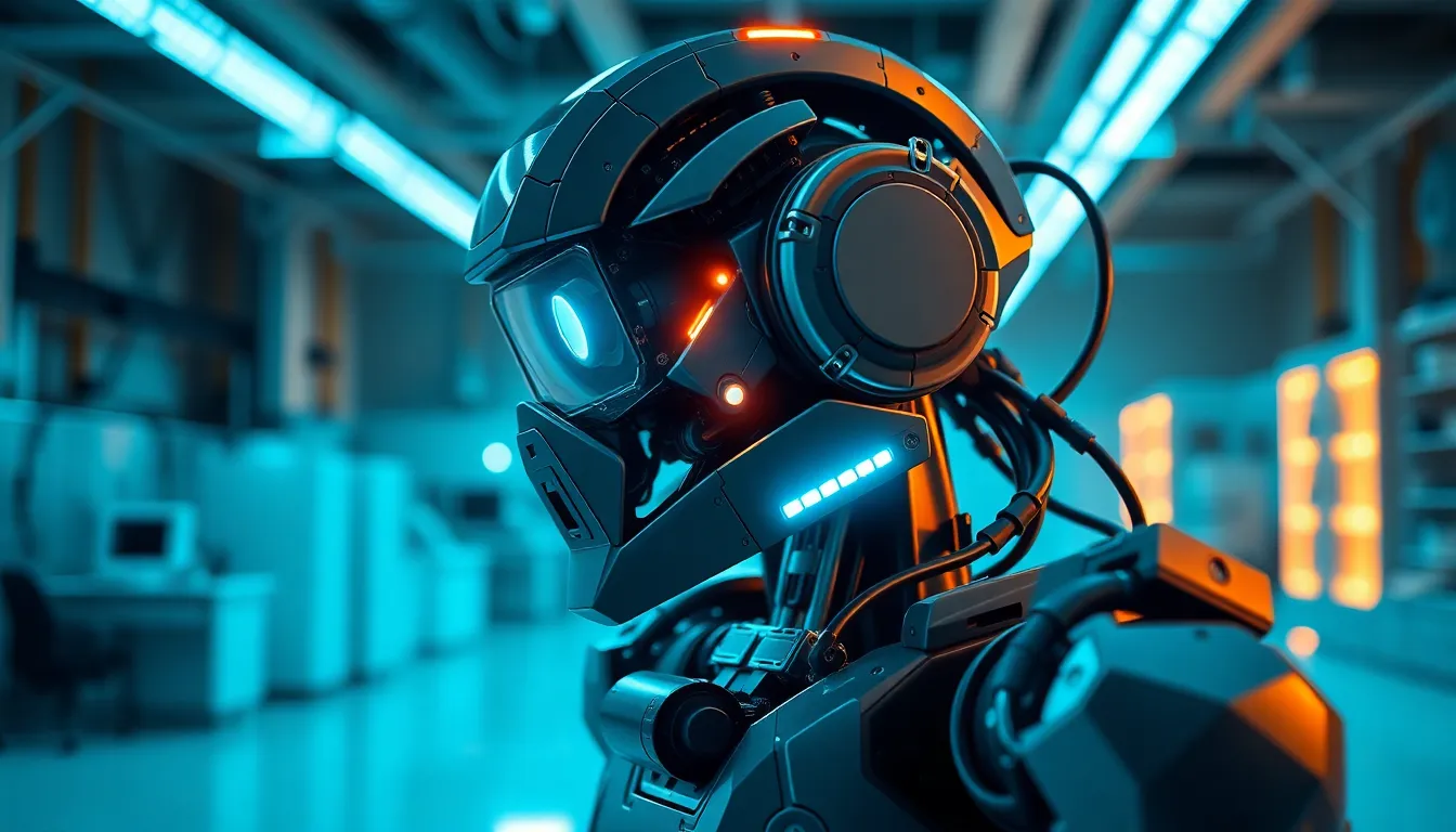 An advanced robot stands prominently in a sleek, high-tech lab illuminated by cool blue LED lights. The shallow depth of field focuses on the robot's complex mechanisms, while the blurred background reveals workstations filled with tools and components. The cinematic color grading creates a futuristic atmosphere, highlighting the intricate textures of the robot's materials. This image captures the essence of innovation in robotics, blending technology and design.