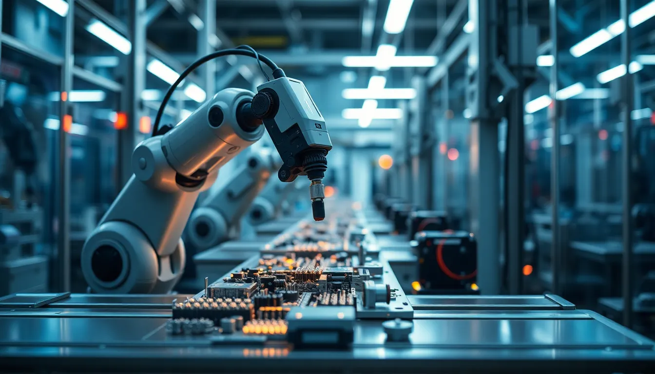 Robotic Arm Assembling Components in Factory This image depicts a Canon EOS R5 capturing the dynamic operation of a robotic arm in an advanced factory setting. Illuminated by bright LED lights, the scene highlights the sleek, polished metal surfaces of the robot while creating a high-tech atmosphere. The cool color palette of blues and grays, mixed with vibrant neon accents, emphasizes the futuristic feel. Expertly composed with a focus on the arm's intricate movements, this image conveys precision and innovation in robotics.