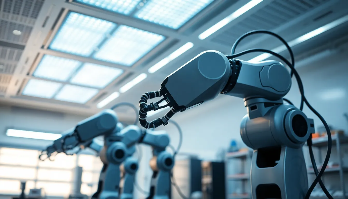 Advanced Robotics Lab in Action This image captures an advanced robotics lab, featuring robotic arms in action under cool white LED lighting. The sterile ambiance is enhanced by soft fills from skylights, creating a futuristic atmosphere. Shallow depth of field highlights the intricate details of the robotic components while the blue and gray color palette adds a high-tech feel. The composition draws the viewer's eye through dynamic placement of the robotic arms, showcasing their sleek design.