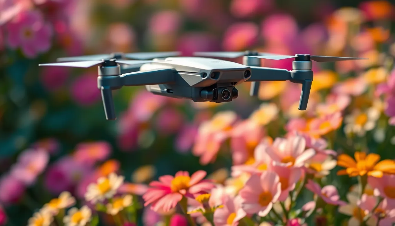 Close-Up of Drone Hovering Over Flower Garden