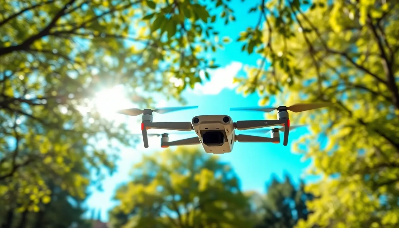 Autonomous Delivery Drone in Flight An autonomous delivery drone glides gracefully through a sunny park, surrounded by vibrant greenery. Captured in sharp focus against a deep blue sky, the image exudes a sense of innovation and tranquility. The natural lighting highlights the drone's sleek design, while tree branches frame the shot, drawing the viewer into this modern landscape. It's a perfect representation of technology harmonizing with nature.