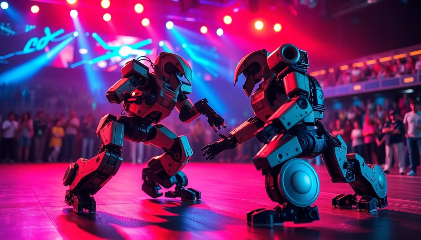 Robotic Battle in Futuristic Arena This exhilarating image captures a robotic battle in a futuristic arena filled with dynamic LED lighting. The bright colors and dramatic shadows create an electric atmosphere as the competing robots showcase intricate details and rugged finishes. A fast shutter speed freezes the thrilling action, making the robots the focal point of the composition. Central framing amplifies the intensity of the moment, immersing viewers in this high-stakes technology showdown.