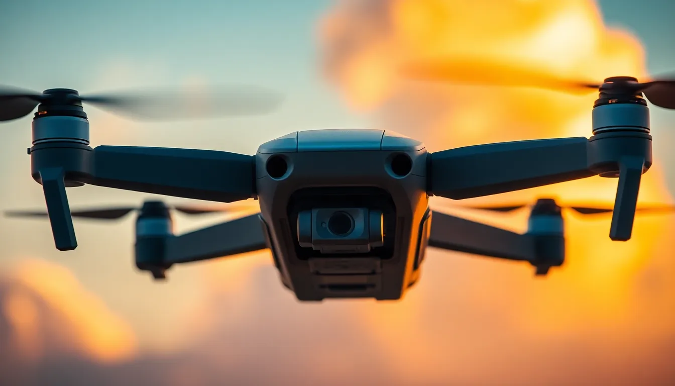 Advanced Drone in Golden Hour An advanced drone hovers gracefully in mid-air, illuminated by the warm glow of the golden hour. This close-up shot captures the intricate details of the drone's design, including its sleek propellers and high-tech camera. The background features soft focus clouds, enhancing the sense of flight and freedom. The vibrant color palette, with deep blues and warm oranges, adds to the dynamic and innovative mood of the scene.
