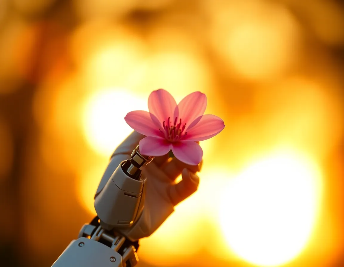 Robotic Hand Holding a Flower In this serene image, a robotic hand delicately grips a flower, symbolizing a blend of nature and technology. The golden hour backlighting creates a warm halo around the flower, contrasting beautifully with the robot's sleek metallic surface. The shallow depth of field draws attention to the intricate details of both the flower and the robotic hand. This composition evokes a sense of harmony, inviting reflection on the relationship between artificial intelligence and nature.