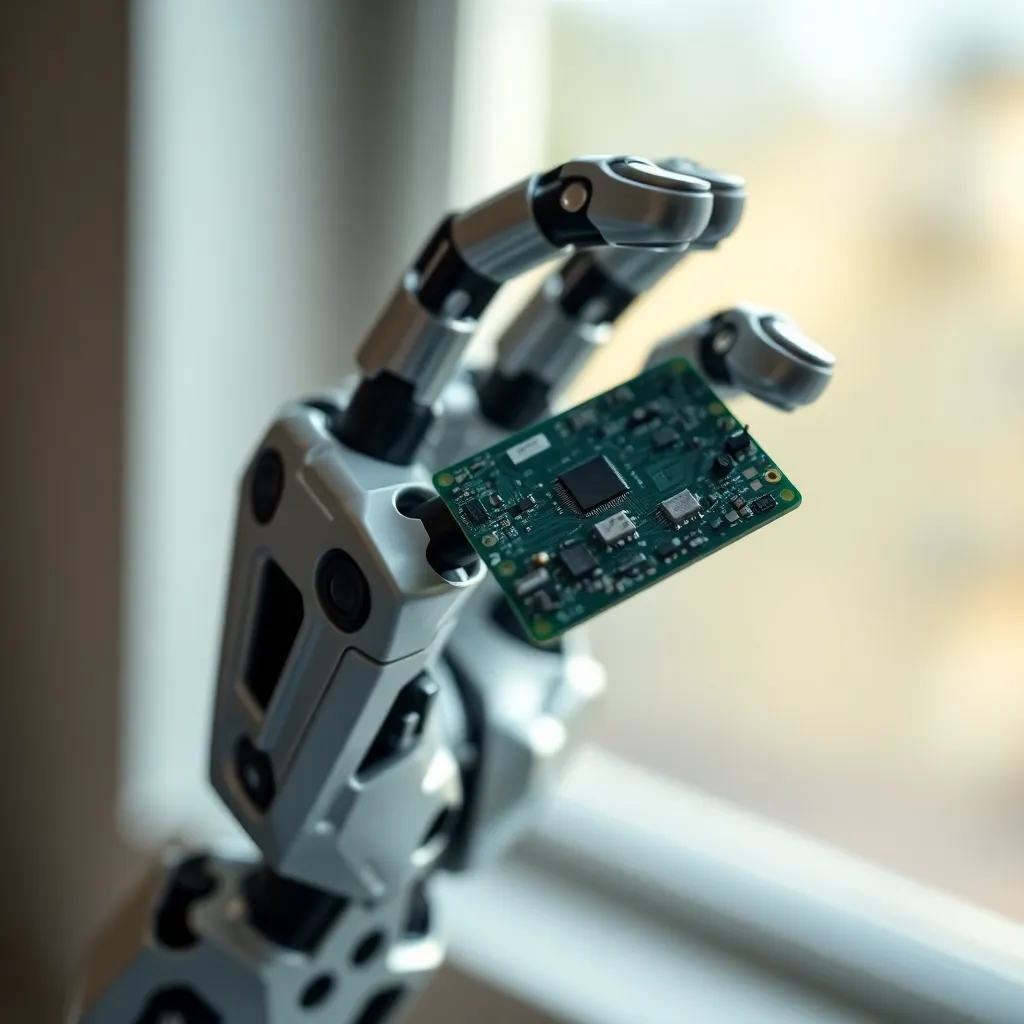 Close-Up of Robotic Hand Gripping Circuit Board