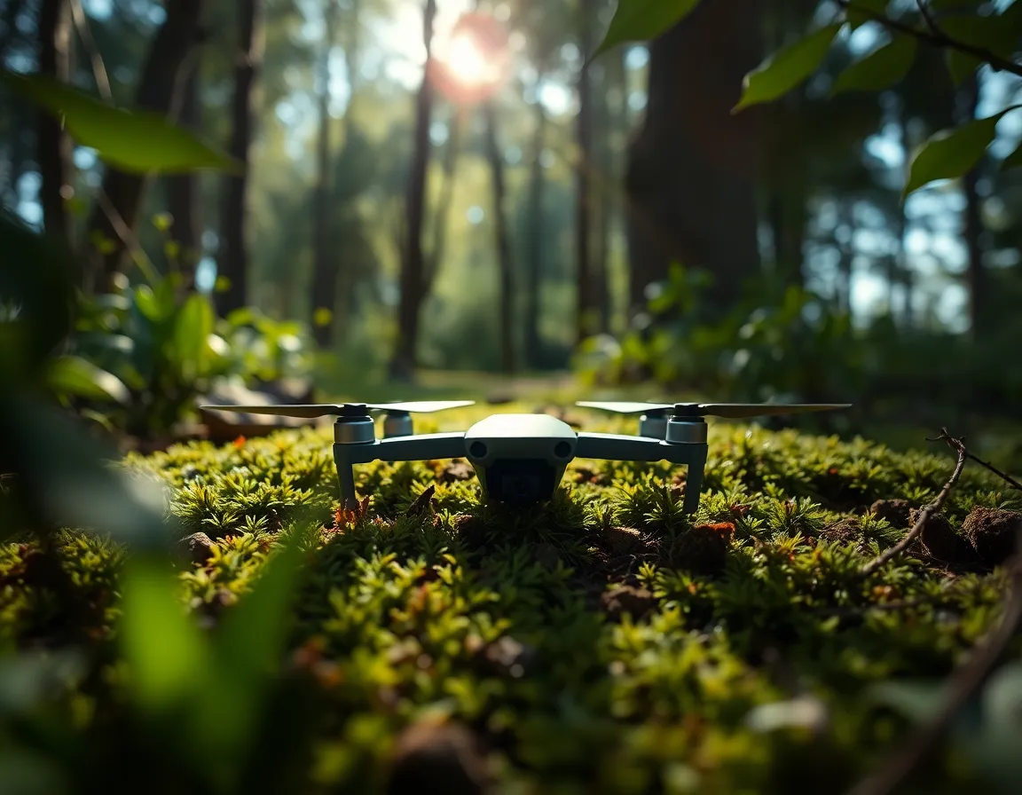 A small drone is nestled among vibrant green moss in a forest setting, illuminated by natural sunlight filtering through tree branches. The deep focus captures the intricate details of both the drone and the surrounding foliage, creating a captivating harmony between technology and nature. The muted tones of greens and browns emphasize the earthy environment, while the composition framed by foliage invites a sense of exploration. This image represents the intersection of innovation and the great outdoors.