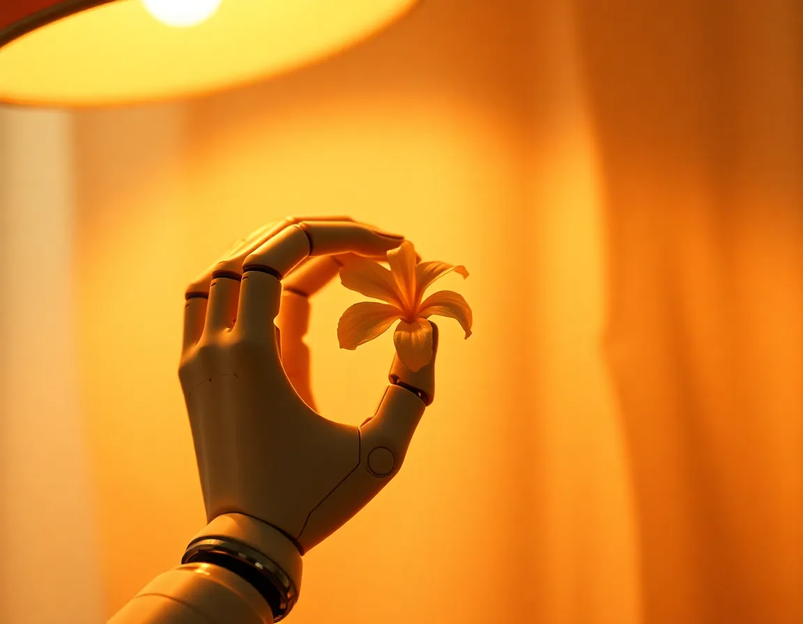 In this captivating close-up, a robotic hand gently cradles a delicate flower, symbolizing the blend of technology and nature. Warm tungsten light creates an inviting atmosphere, while the shallow depth of field draws attention to the intricate details of the robotic hand and the flower's soft petals. The creamy bokeh background, composed of textured fabric, adds depth and contrast to the image, making it a thought-provoking visual statement.