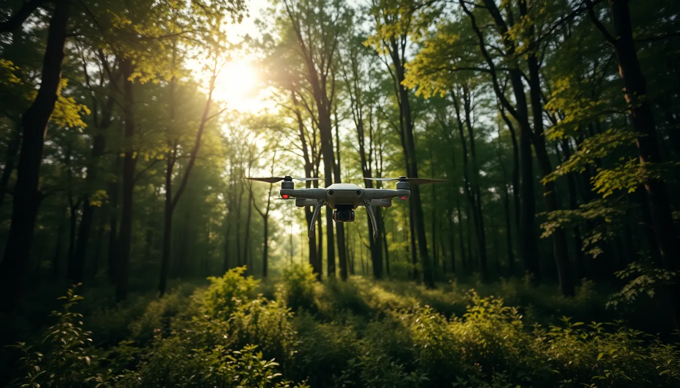 This stunning image captures robotic drones gracefully gliding through a tranquil forest under dappled sunlight. The medium format camera beautifully renders the serene landscape, showcasing the lush greenery and soft underbrush. Hyperfocal focus ensures every detail is crisp, while natural muted colors evoke a sense of calm. Centered in composition, the drones symbolize a stunning blend of nature and advanced technology, creating a harmonious visual narrative.