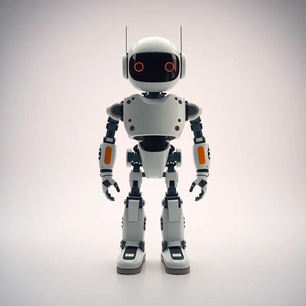 A sleek robot prototype is showcased in a modern studio setting, illuminated by soft overhead lighting that enhances its clean design. The shallow depth of field draws attention to the intricate details and smooth surfaces of the robot, while the vibrant colors emphasize the quality of the materials used. This centered composition against a white backdrop creates a striking visual balance, embodying sophistication in robotic engineering.