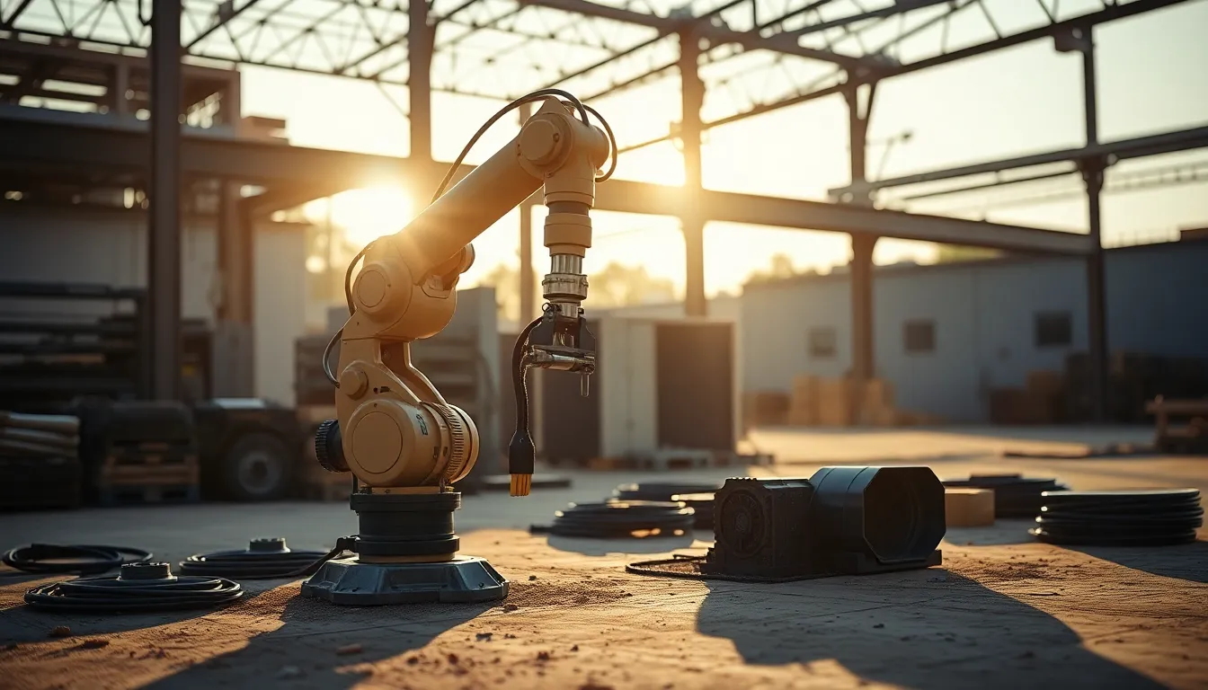 In an outdoor manufacturing facility, a robotic arm is actively assembling components under the dramatic lighting of a setting sun. The long shadows and highlights create a visually striking scene, while the sharp focus captures every detail of the robotic arm and its surroundings. The muted earth tones reflect the industrial setting, emphasizing the harmony between robotics and manufacturing. This image embodies the modern industry's reliance on technology.