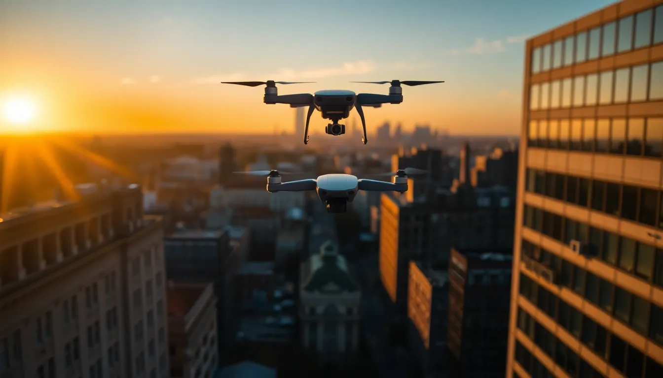 Drone Flying Over Urban Landscape at Sunset