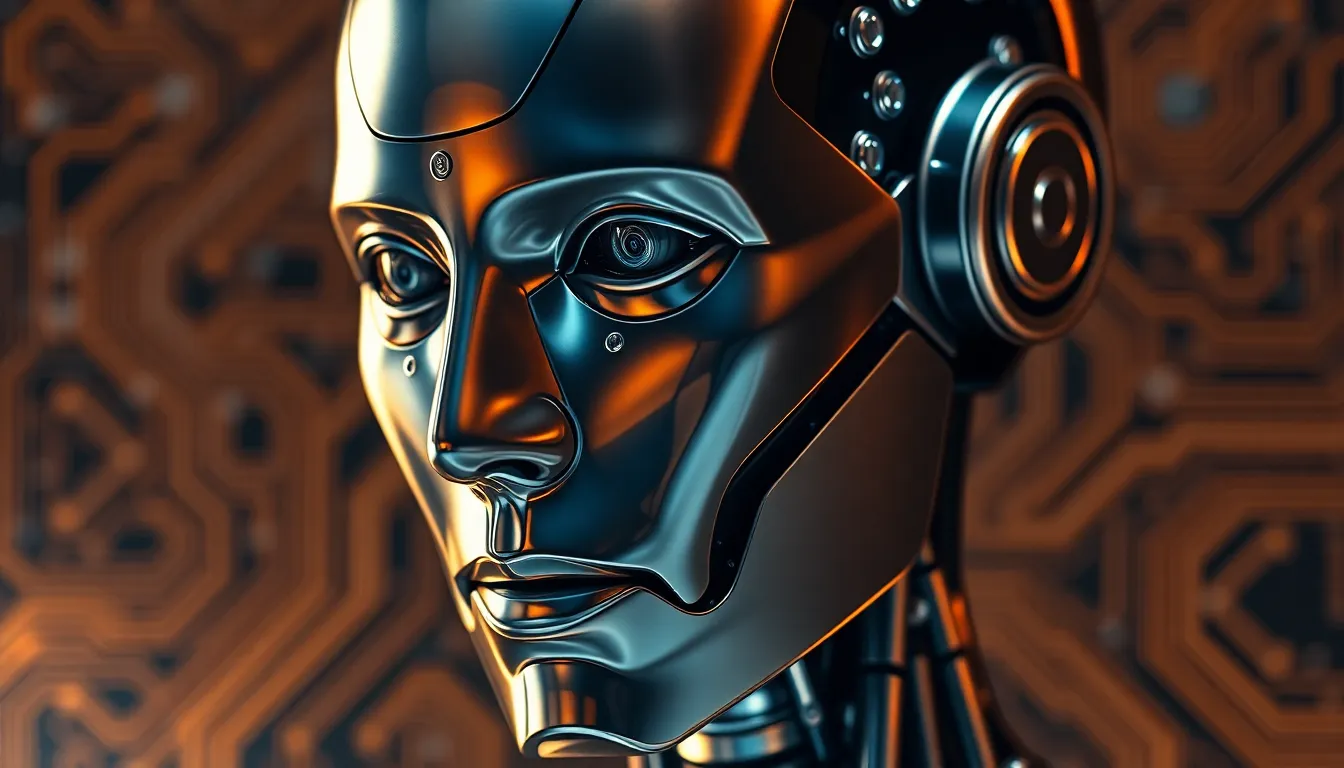 Humanoid Robot Portrait in Studio Lighting A striking portrait of a humanoid robot, captured against abstract circuit board patterns. The overhead lighting creates dramatic contrast, emphasizing the robot's detailed features and polished metallic textures. Warm tungsten hues enhance the futuristic feel, making the image both captivating and visually stunning. This composition, with the robot's face positioned in the left power point, draws the viewer's attention immediately.