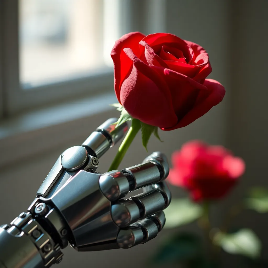 Robotic Hand Gripping a Rose