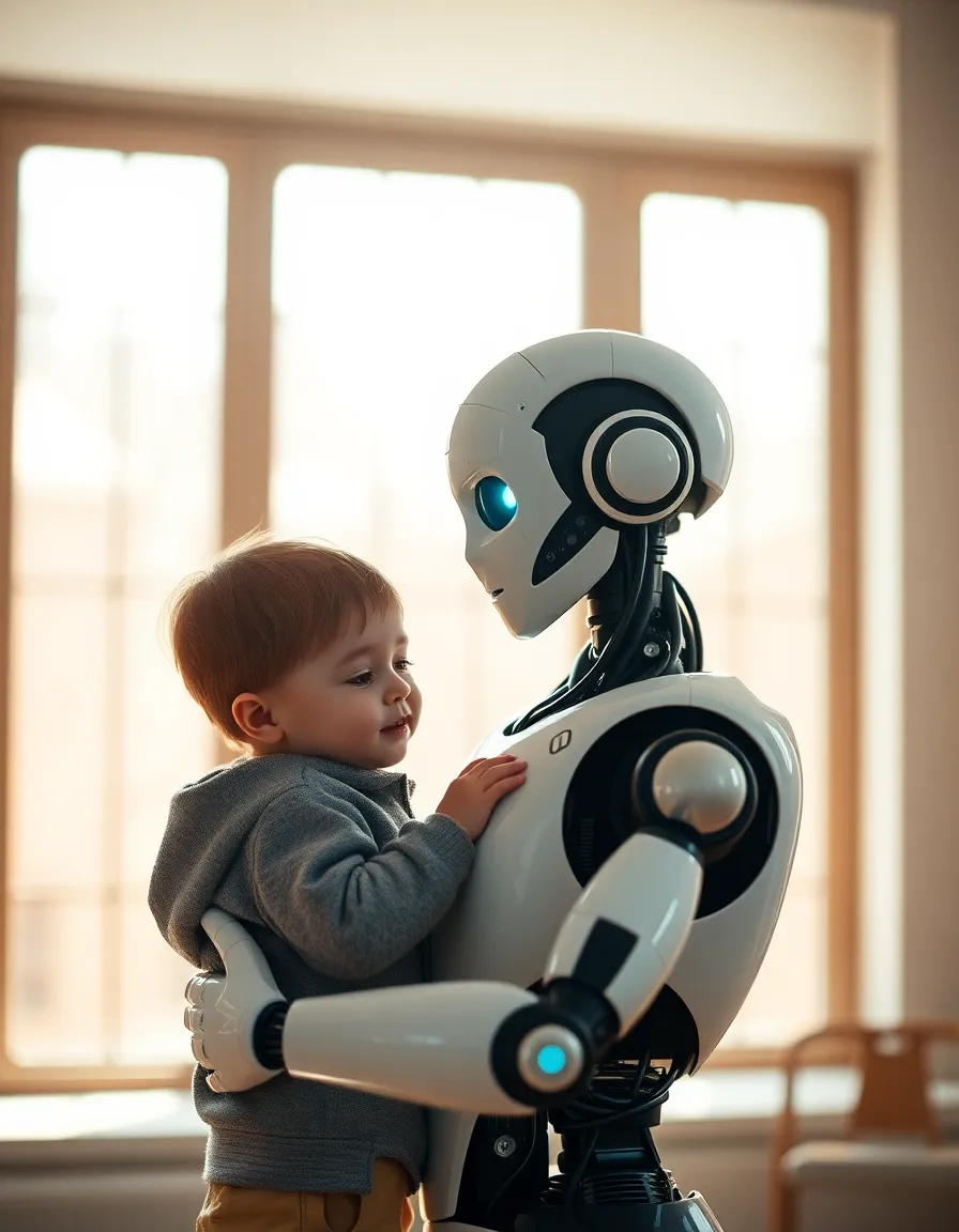 A humanoid robot is seen engaging playfully with a child in a brightly lit room, illuminated by soft natural light coming through a window. The selective focus highlights their interaction, while the warm color palette evokes feelings of joy and curiosity. The textures of the robot's synthetic skin and the child's colorful clothing add depth to the image. This scene beautifully represents the potential for robotics in everyday life.