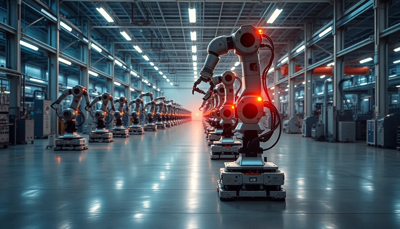 Futuristic Robot Assembly Line in Factory