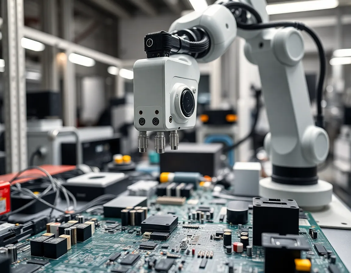 This macro shot highlights a robotic arm expertly assembling electronic circuit boards, showcasing the precision and detail of modern technology in manufacturing. Bright studio lighting brings out the vivid colors of the components against a clean backdrop. The composition emphasizes the robotic arm's movements, creating a sense of action and efficiency. This vivid scene captures the essence of automation in electronics production.