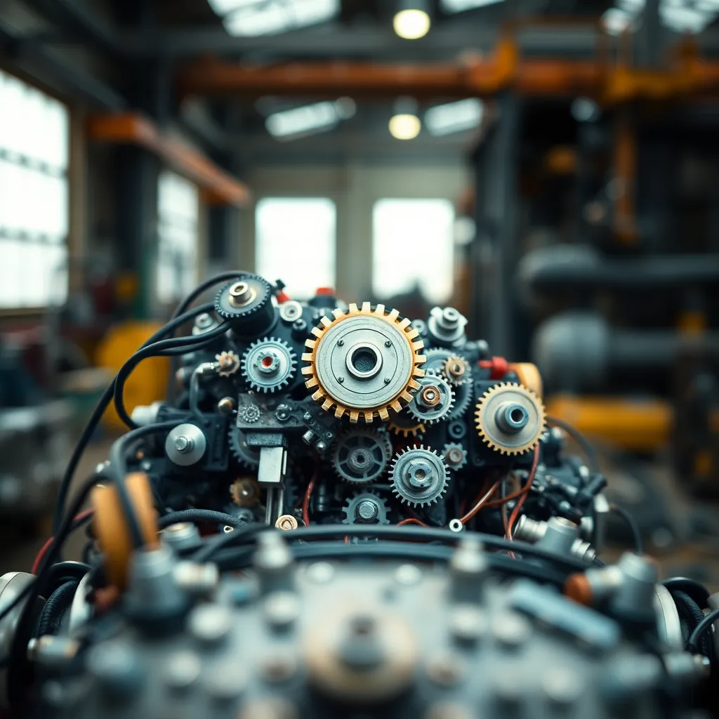 This macro shot captures an intricate robot component adorned with tiny gears and wires, presented under diffused daylight that softens the light. The hyperfocal depth of field ensures clarity across the entire image, emphasizing the detailed textures of metal and plastic. The warm color palette enhances the industrial aesthetic while creating a dynamic visual contrast. The centered composition draws the viewer’s attention directly to the complexity of robotic technology.