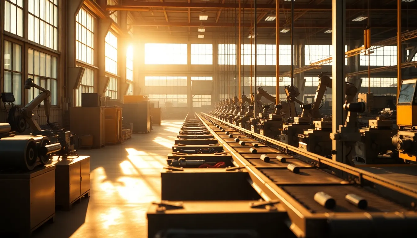 In this striking image, a robot conducts a quality inspection on a production line bathed in golden hour light. The large windows behind the robot create a warm, inviting atmosphere, highlighting the interplay of light and shadow across the machinery. The sharp focus captures every detail, from the robot's components to the intricate mechanisms of the production line. The warm color palette enhances the industrial environment, making it feel alive and efficient.